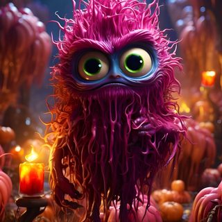 an animated character with green eyes and pink hair standing in front of pumpkins, surrounded by candles Halloween Cyclops Fantasy Colorful Mushroom Cartoons, Fantasy Fantasy Halloween Monsters, Trippy Animals, dark slate gray