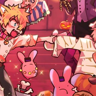 some anime characters are standing in front of a pink background with many other cartoon characters Tbhk Halloween Tbhk Official Art Pc, Tbhk Halloween, Mitsuba Sousuke Banner, Old Tbhk Official Art, indian red