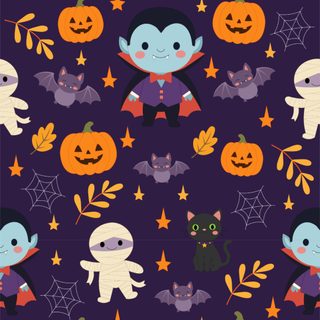 halloween seamless background with bats, pumpkins and ghostes on dark purple fabric Halloween Monster Pattern Patterns Halloween, Nursery, Vector Pattern, Cute Halloween, midnight blue