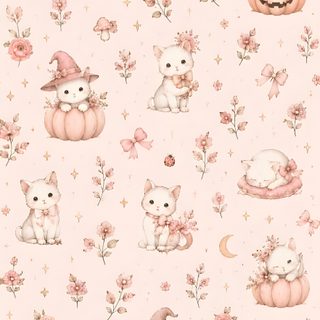 a pink wallpaper with cats and flowers on it Halloween Pastel Cat linen