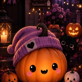 halloween pumpkins with faces on them sitting in front of a house and some lights Kawaii Halloween black