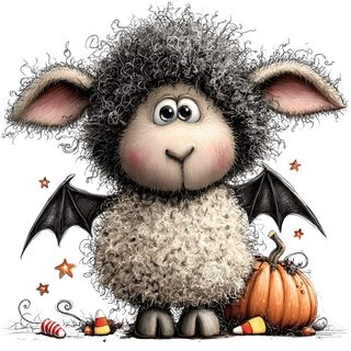 a drawing of a sheep with a bat on it's head sitting next to a pumpkin Halloween Sheep light gray