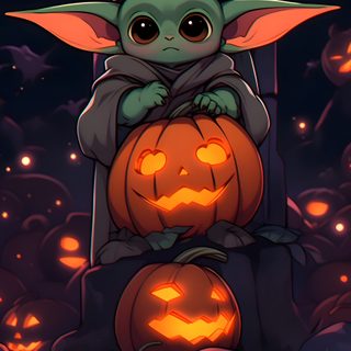 a cartoon character sitting on top of a pile of pumpkins Star Wars Halloween Phone Star Wars Fall, Cute Halloween Disney, Baby Yoda Thanksgiving, black