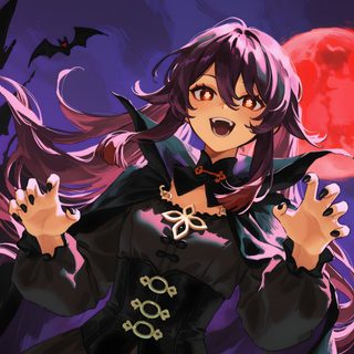 an anime character holding her hands up in front of a full moon and bats background Halloween Genshin Tao, Halloween Party, Halloween, dark slate gray