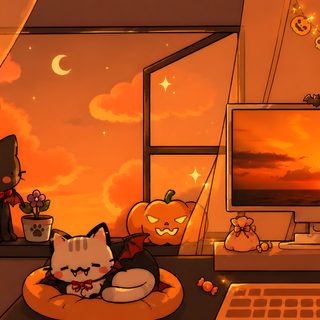a computer desk with a cat sitting on top of it Cute Halloween Desktop Hotel Art, Desk Setup, Pretty, Aesthetic Anime, Desktop, Cute, chocolate