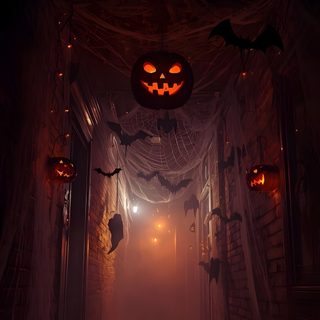 a hallway decorated for halloween with pumpkins hanging from the ceiling and lights on the walls Halloween Hallway Spooky Hallway Ideas, Spooky Hallway Atmosphere, Halloween Hallway Decorations, black