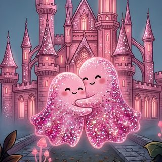 two pink hearts are hugging in front of a castle Halloween Love dim gray