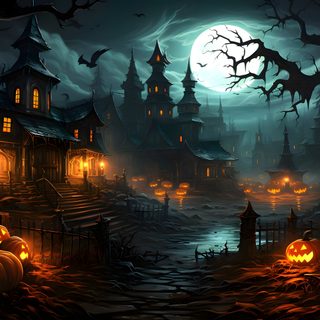an animated halloween scene with pumpkins in the foreground and creepy houses in the background Engine Halloween Animated Haunted House At Night, Halloween Bats Moon, Haunted House Gif, black
