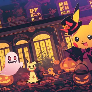 an animated halloween scene with pikachu and other characters Pokemon Halloween Desktop Desktop, Pokemon, Pokémon, dark slate gray