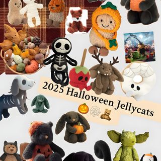 a collage of stuffed animals and pumpkins with the words halloween jelly cats on them Jellycat Halloween sienna