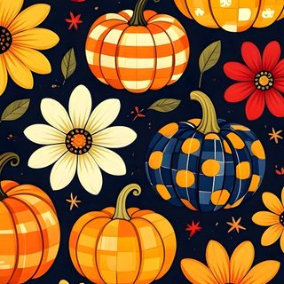 an image of pumpkins and daisies on a black background with orange, yellow, and white flowers Halloween Thanksgiving sienna