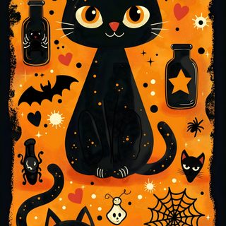 a black cat sitting on top of an orange background with skulls and bats around it Halloween Cats Bats Owls Spiders Sm Halloween Kitty, Kawaii Halloween Halloween Kawaii Cute Black Cat, Cute Halloween Black Cat,