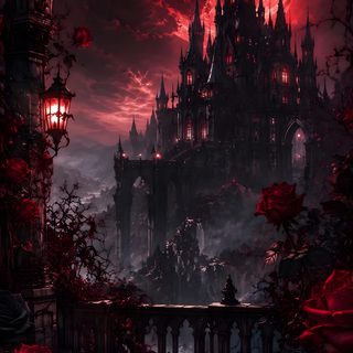 an image of a castle in the night with red lights and roses on it's balcony Halloween Vampire Background Goth Background, Gothic City Aesthetic, Gothic Vampire Aesthetic, black