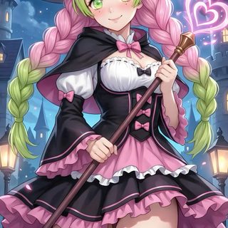a girl in a witch costume holding a broom and wearing a hat with pink hair Mitsuri Halloween Anime Hair, Demon Slayer, dim gray