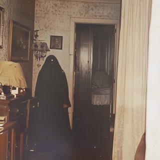 an old photo of a woman in a black robe standing at the entrance to a room Old Scary Horror Halloween Vintage Ghosts, Paranormal Core, Ghost Horror, Ghost Photos Scary, dim gray