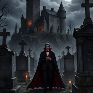 a man dressed as dracula standing in front of tombstones and cemetery graves at night Dracula Halloween dark slate gray
