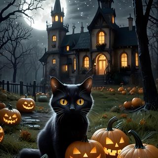 a black cat is sitting in front of pumpkins Vintage Halloween- Bobcats Castle Halloween, Spooked Black Cat Meme, Black Cat Halloween, dark slate gray