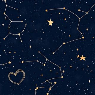 the night sky is filled with stars, and hearts are drawn in gold on it Hand Drawn Halloween Constellation Navy Constellations Background, Romantic Constellations, Romantic Starry Design, black