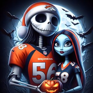 a couple dressed up as skeletons in front of a full moon with bats and pumpkins Denver Broncos Halloween Broncos Halloween, Denver Broncos Christmas, Broncos Profile Picture, dark slate gray