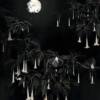 a tree with white flowers hanging from it's branches in front of a full moon Moonlight Flowers Halloween Floral Dark Night Aesthetic, Moonlit Floral Scene, Nature-inspired Art Inspiration, black