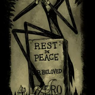 a skeleton holding a sign that says rest in peace below it, and an image of a Zero Halloween Skellington, Nightmare Before Christmas Art, Jack The Skeleton Art, dark slate gray