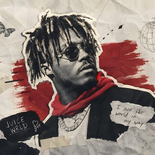 a man with dreadlocks on his head and red scarf around his neck in front of torn paper Halloween Juice Wrld rosy brown