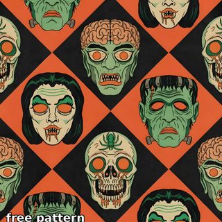 a group of zombie heads on an orange and black checkered background with the words free pattern Halloween Monster Pattern Spooky Vintage Halloween, Vintage Halloween Backgrounds Iphone, Vintage Spooky Aesthetic, sienna