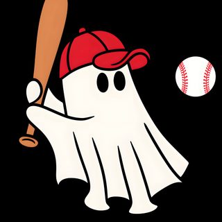 a baseball bat hitting a ghost with a red hat Baseball Halloween Ghost Running Cartoon, Baseball Halloween, Ghost With Hands Up, Halloween Baseball, black