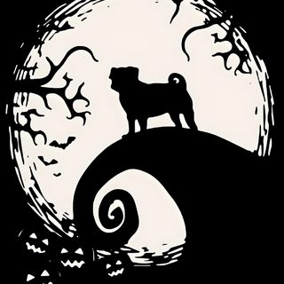 a black and white drawing of a pig on top of a hill with bats in the background Halloween Pug Garage Drawing, Pug, Pug Illustration, Pug Memes, Pug Pictures, Puppy Mom, black