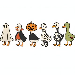 a row of halloween ducks with pumpkins and ghost faces on them, all in different colors Halloween Goose Halloween Duck Pfp, Cute Halloween Duck, Halloween Duck Meme, Duck Ghost Drawing, white smoke