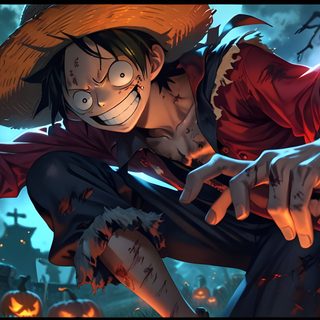 Luffy is reimagined with a spooky Halloween twist—his iconic straw hat and tattered cloak, paired with a sinister grin, create a haunting version of the beloved pirate. Glowing eyes, skeletal hands, and a ghostly aura add an eerie edge to his usually carefree spirit. Surrounded by mist, glowing jack-o’-lanterns, and the full moon, this Halloween-themed Luffy brings together adventure and fright in a chilling yet captivating way. Luffy Pumpkin, Ghost Anime Aesthetic, Horror Luffy, Zombie Luffy, Spooky Anime Aesthetic, Scary Luffy, Halloween Animes To Watch, Anime Pirate Aesthetic, Luffy Halloween Luffy Halloween Luffy Pumpkin, Ghost Anime Aesthetic, Horror Luffy, Zombie Luffy, dark slate gray
