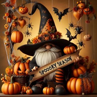 an image of a halloween scene with pumpkins and witch's hat holding a sign Halloween Gnome Desktop Cute Fall Pictures, Thanksgiving Drawings, Cute Good Morning Gif, saddle brown