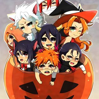 some anime characters sitting in a pumpkin with the words happy halloween written on it's side Bleach Halloween Toshiro Halloween, Bleach Halloween, Bleach Anime Pumpkin, Yoruichi Halloween, rosy brown