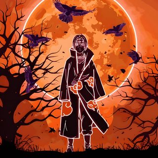 a painting of a person standing in front of a full moon with birds flying around Itachi Uchiha Halloween firebrick