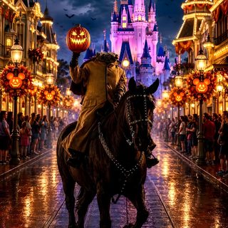 a man riding on the back of a horse in front of a castle at night Magic Kingdom Halloween dark slate gray