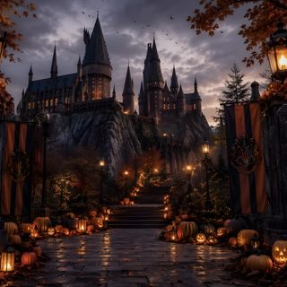 the wizard's castle is lit up at night with pumpkins on the ground Harry Potter Halloween black