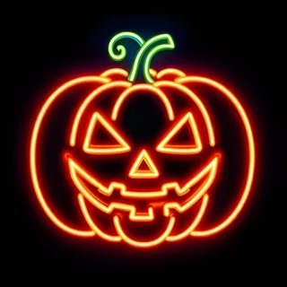 a neon pumpkin with an evil face on it's side in the dark, lit up Neon Aesthetic Halloween Diy Neon Pumpkin Craft, Glowing Pumpkin Sign, Halloween Neon Decor, black