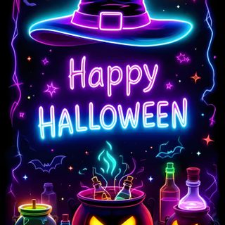 a happy halloween card with pumpkins and witches in the dark night sky, surrounded by bottles Happy Halloween Spirit Halloween Happy Halloween Images, Happy Halloween Backgrounds, Neon Halloween, black