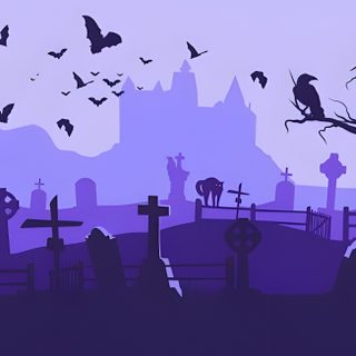 a cemetery with bats flying over it Halloween Graveyard Graveyard 2d, Halloween Background Vector, 2d Halloween, medium slate blue
