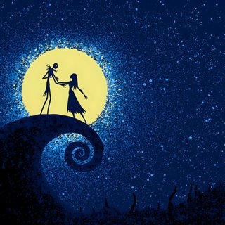 the silhouettes of two people standing on top of a wave in front of a full moon Halloween Nightmare Before Christmas Christmas, Tim Burton Laptop, The Nightmare Before Christmas Computer, midnight blue
