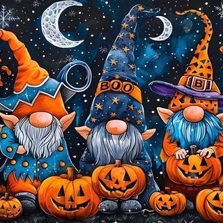 three halloween gnomes with pumpkins in front of a full moon and stars sky Halloween Gnome Desktop Halloween, Images Of Halloween Gnomes, dark slate gray