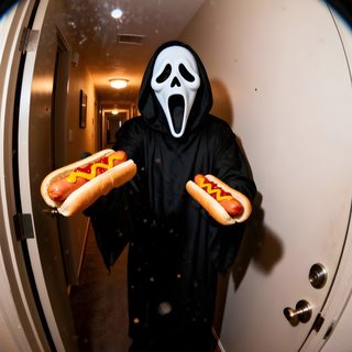 a person in a ghost costume holding two hot dogs Halloween Scream Funny Halloween Creatives, Scream Series, Dirty Thirty, Monster Mash, Something Wicked, black