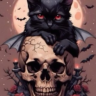 a black cat sitting on top of a human skull with bats and roses around it Halloween Skull And Bat Halloween Cat Skull Art, Black Cat Skull, Goth Animals, Spooky Cat Art Ideas, dim gray