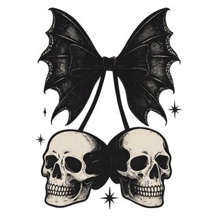 two skulls with wings on their heads, one skull has a bow in it's hair Black And White Halloween Skulls In Bow Gothic Bat Illustration, Black And White Cherry Skull, Skull Cherry Png,