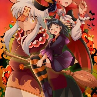 an anime poster with two women and one man dressed in halloween costumes, holding pumpkins Inuyasha Halloween Inuyasha Witch, Inuyasha Birthday, Inuyasha Halloween, Inuyasha Christmas, sienna