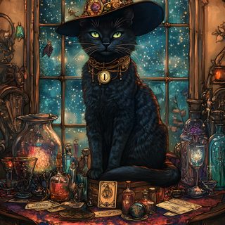 a painting of a black cat wearing a witches hat sitting on top of a table Halloween Witch Cat Witch And Cat Background, Witchy Cat, Witch Cat, Witch And Cat, dark slate gray