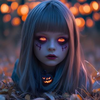 a creepy doll with glowing eyes laying on the ground in front of some pumpkins Halloween Scary Cute Girl Joker Art, Beautiful Barbie Dolls, Art Birthday, Face Hair, dark slate gray
