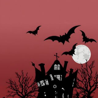 a house with bats flying over it in front of a full moon and red sky Halloween Ios Halloween Backgrounds For Phone, Iphone Halloween Background, Slay Halloween Background, sienna
