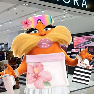 an orange and white cat holding a sign in front of a storefront with the words sephora on it Preppy Lorax Halloween Pit Viper, The Lorax, Cute Backgrounds, I Laughed, Sephora, Cowboy Hats, rosy brown