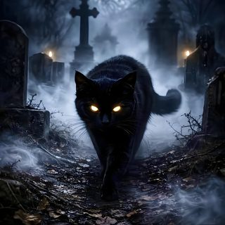a black cat with glowing eyes walking through a cemetery Creepy Black Cat Halloween Happy Halloween Pictures, Witch Pictures, N Animals, dark slate gray